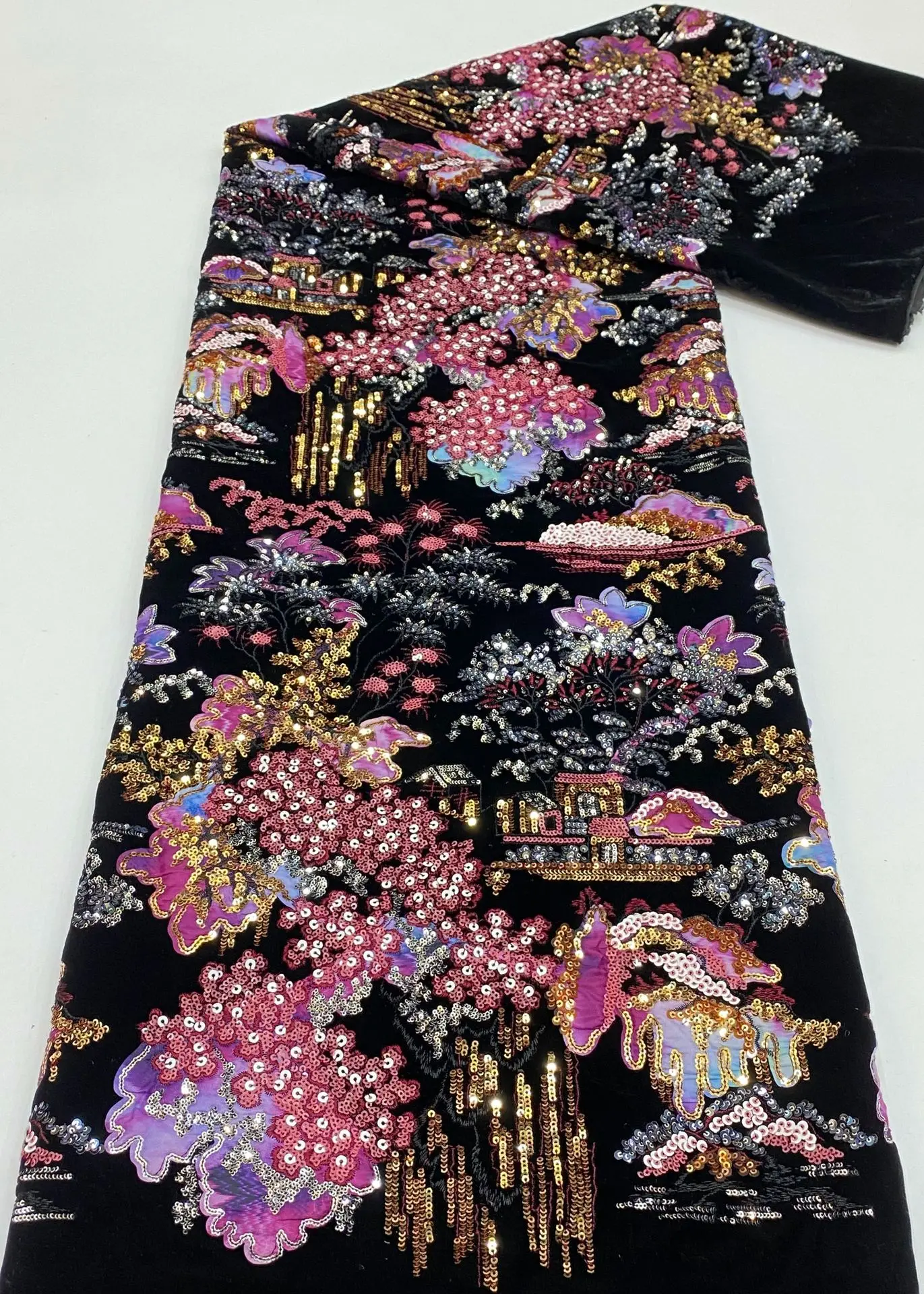 Luxurious multicolored sequin tube embroidered velvet fabric, for women's dresses, gowns, DIY sewing fabric
Luxurious multicolored sequin tube embroidered velvet fabric, for women's dresses, gowns, DIY sewing fabric