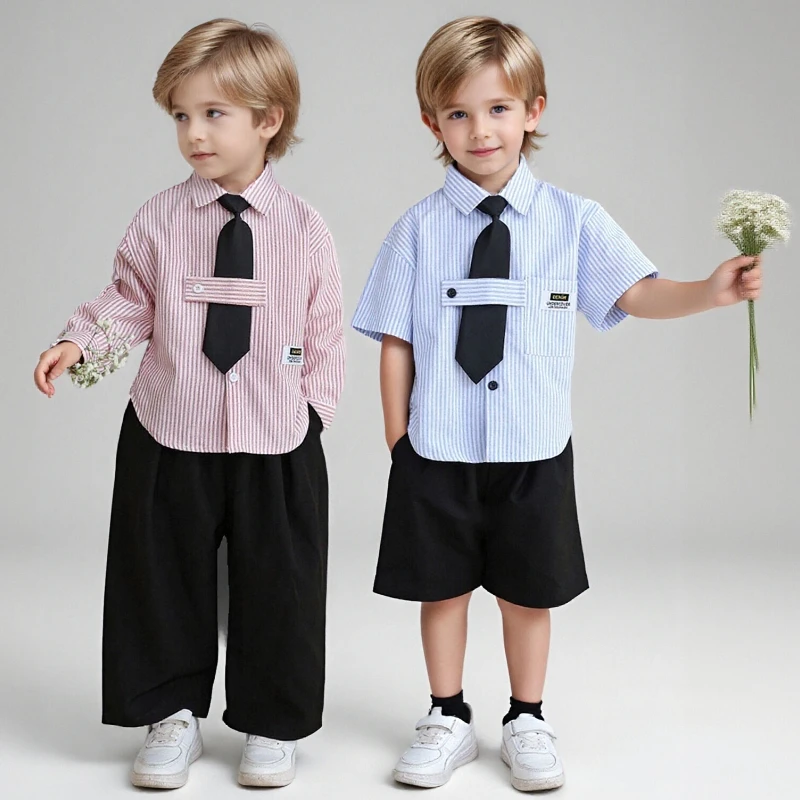 Boys Summer Suit Set Fashion Stripe Design Kindergarten Graduation Photo Outfit Children's Day Host Piano Performance Costume
Boys Summer Suit Set Fashion Stripe Design Kindergarten Graduation Photo Outfit Children's Day Host Piano Performance Costume