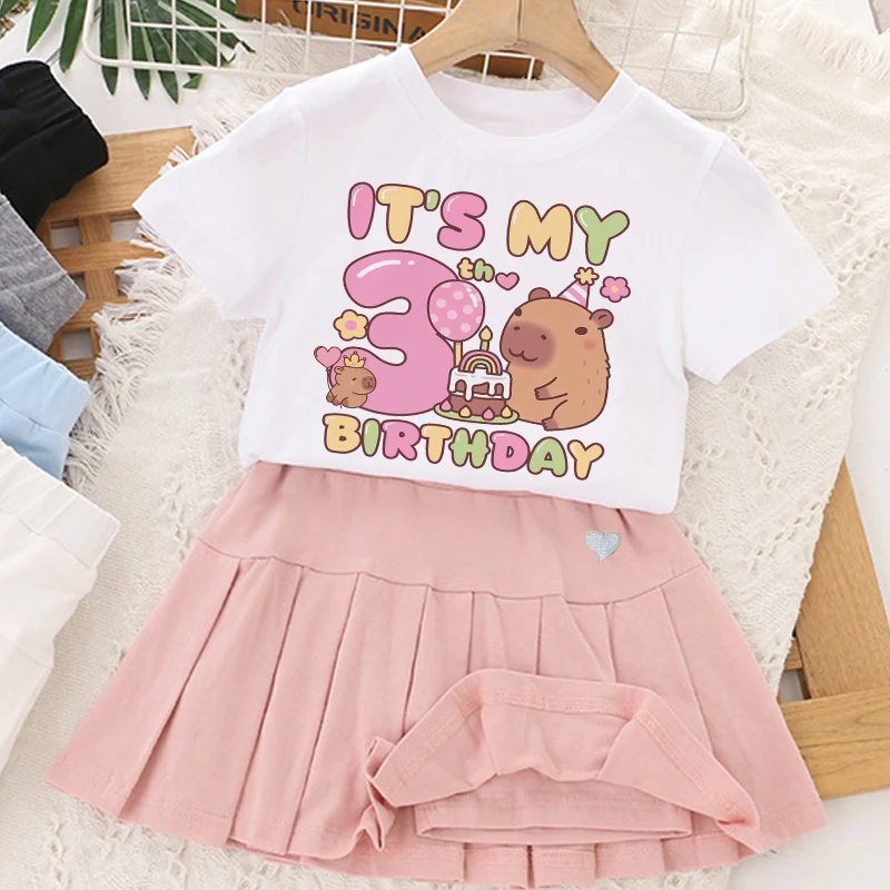 Capybara Girls Short Sleeve T-shirt Cute Casual Skirt Set Children Summer Clothing Cartoon Cotton Tee Skirts Kids Birthday Gifts
Capybara Girls Short Sleeve T-shirt Cute Casual Skirt Set Children Summer Clothing Cartoon Cotton Tee Skirts Kids Birthday Gifts