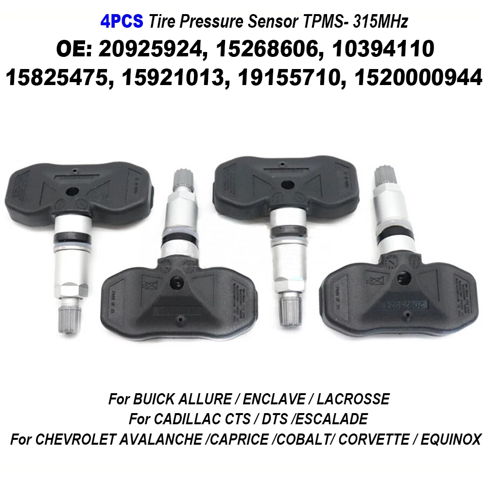 4PCS 20925924 15268606 10394110 20925924 19155710 15921013 Tire Pressure Sensor TPMS 315MHz For CADILLAC CTS/DTS/ESCALADE
4PCS 20925924 15268606 10394110 20925924 19155710 15921013 Tire Pressure Sensor TPMS 315MHz For CADILLAC CTS/DTS/ESCALADE