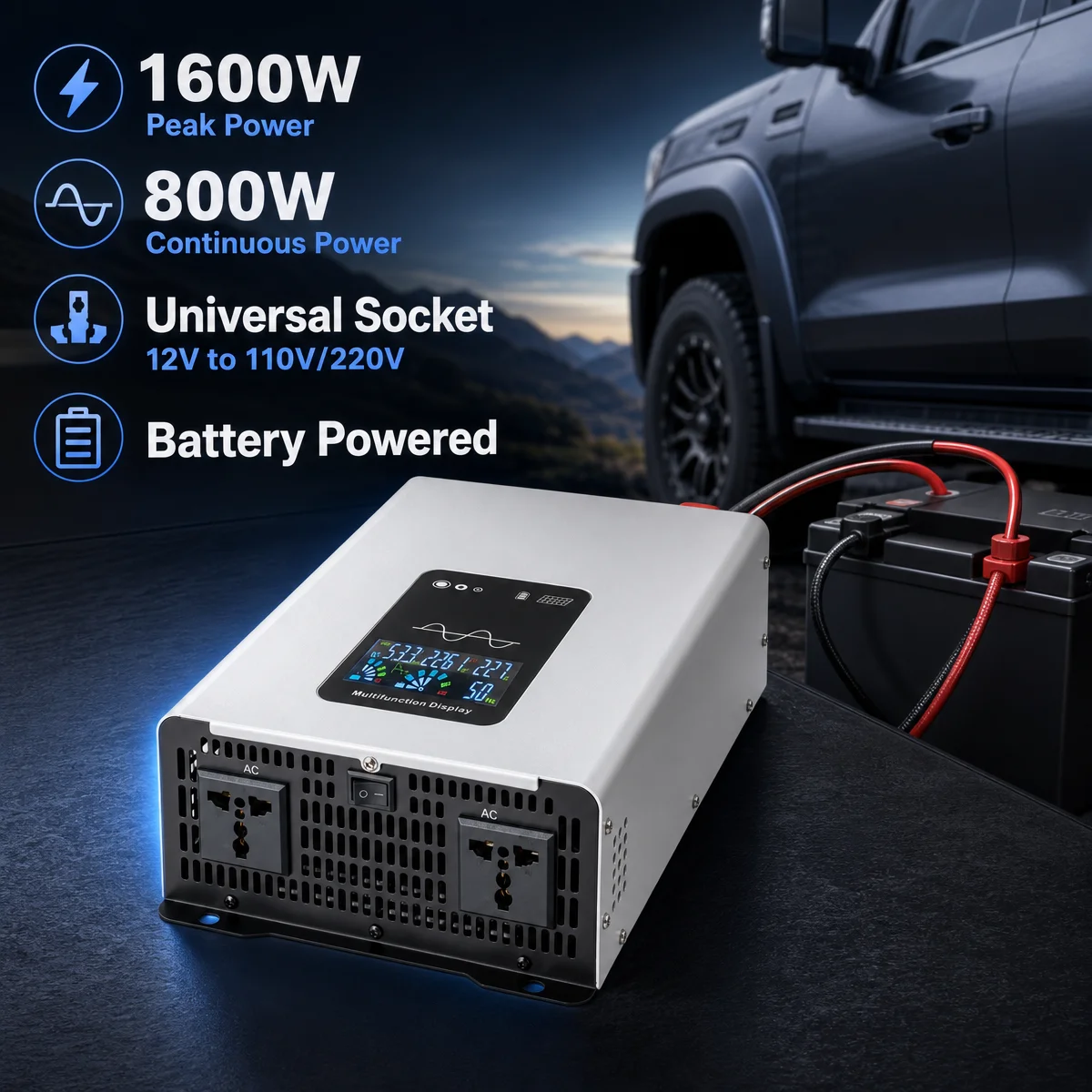 Pure Sine Wave Inverter 800W 12V to 110V/220V Universal Plug LCD Display Power Converter for Car RV Camper Outdoor Camping
Pure Sine Wave Inverter 800W 12V to 110V/220V Universal Plug LCD Display Power Converter for Car RV Camper Outdoor Camping