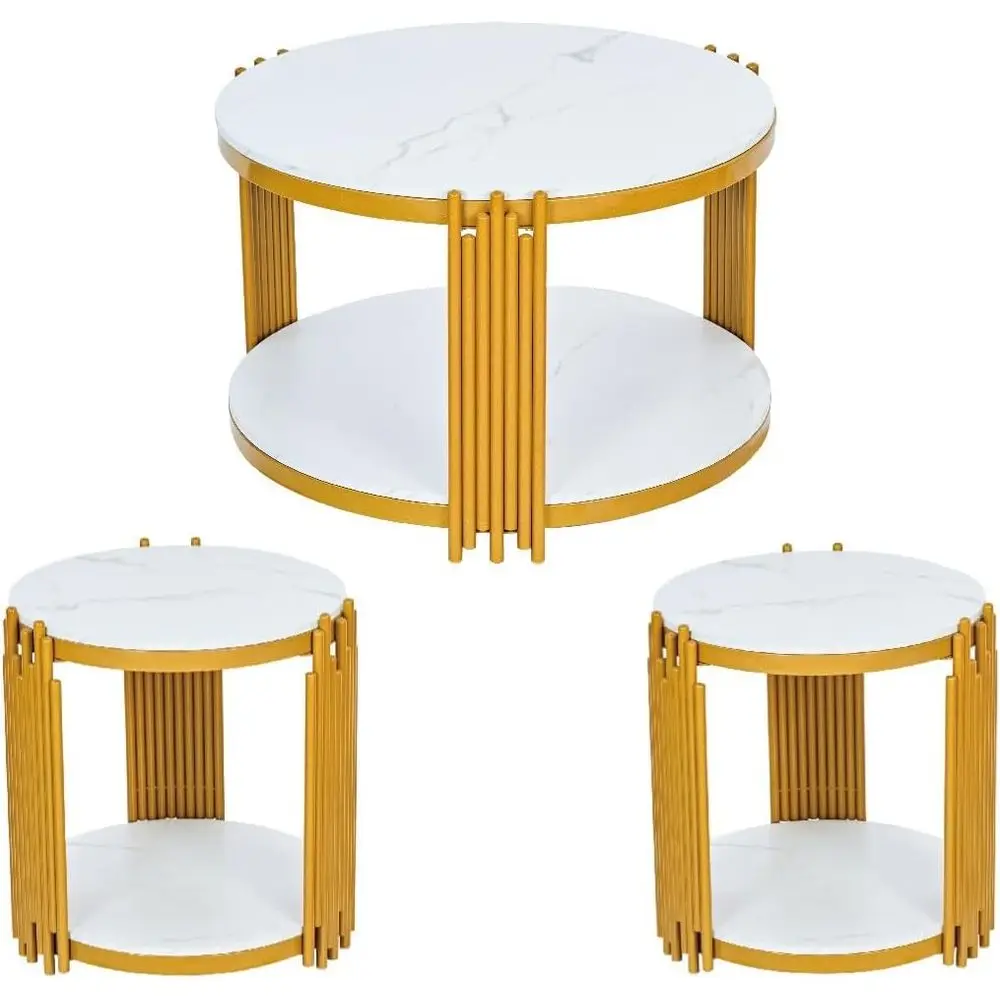 Round Coffee Table Set of 3, Sturdy Metal Legs, 2-Layer White and Gold Coffee and End Table Set of 2, 3-Piece Living Room Furnit
Round Coffee Table Set of 3, Sturdy Metal Legs, 2-Layer White and Gold Coffee and End Table Set of 2, 3-Piece Living Room Furnit