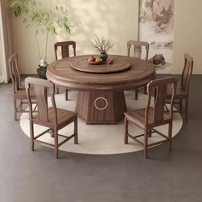 American luxury black walnut rotating round dining table dining chair combination household round dining table with turntable
American luxury black walnut rotating round dining table dining chair combination household round dining table with turntable