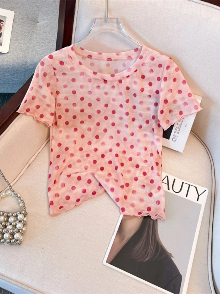 Pink Polka Dot Mesh Short Sleeve Women's T-Shirt Slim Fit Thin Design Summer New Style Korean Version Straight Tube Silk Top
Pink Polka Dot Mesh Short Sleeve Women's T-Shirt Slim Fit Thin Design Summer New Style Korean Version Straight Tube Silk Top