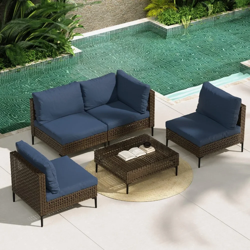 5-Piece Wicker Patio Furniture Set, Retro Outdoor Sectional Sofa with Water Resistant Blue Thick Cushions and Coffee Table
5-Piece Wicker Patio Furniture Set, Retro Outdoor Sectional Sofa with Water Resistant Blue Thick Cushions and Coffee Table