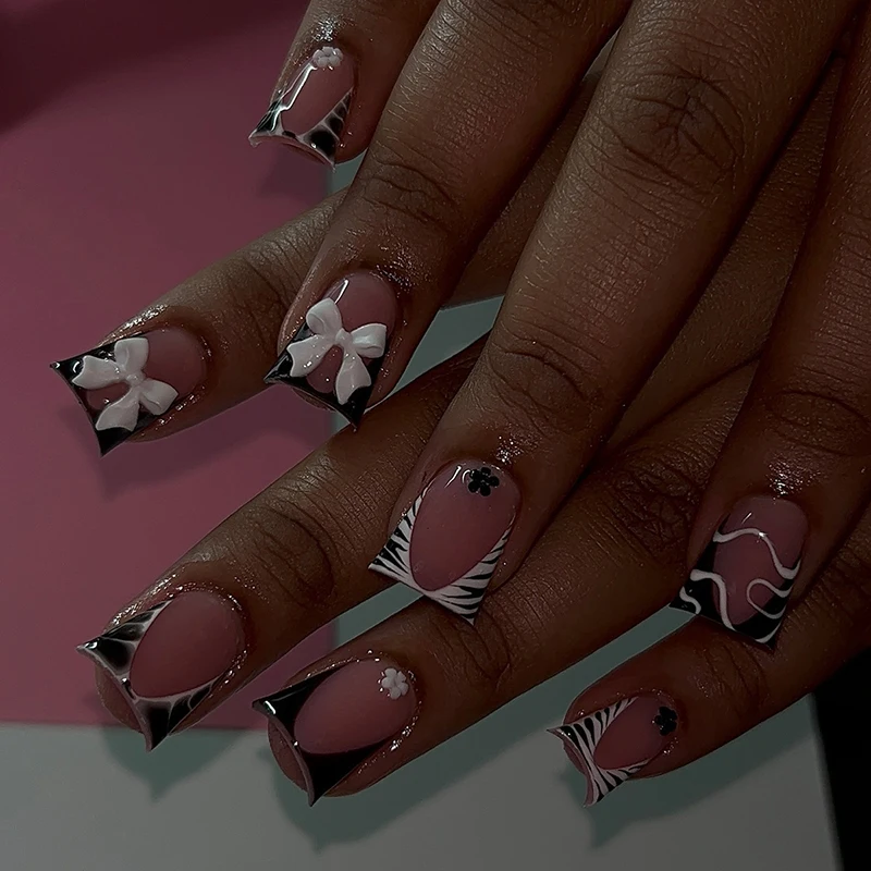 24Pcs Square Zebra Pattern French Press on Nails Bow Knot Duckbill Striped False Nail Detachable Wearable Nail for Women&Girl
24Pcs Square Zebra Pattern French Press on Nails Bow Knot Duckbill Striped False Nail Detachable Wearable Nail for Women&Girl