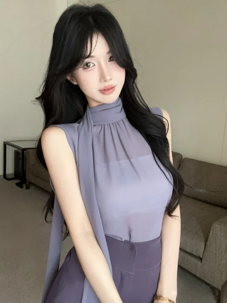 Purple See-through Chiffon Blouse High-waist Slimming Half-length Skirt Short Skirt Women's Set Commute Korean Style
Purple See-through Chiffon Blouse High-waist Slimming Half-length Skirt Short Skirt Women's Set Commute Korean Style