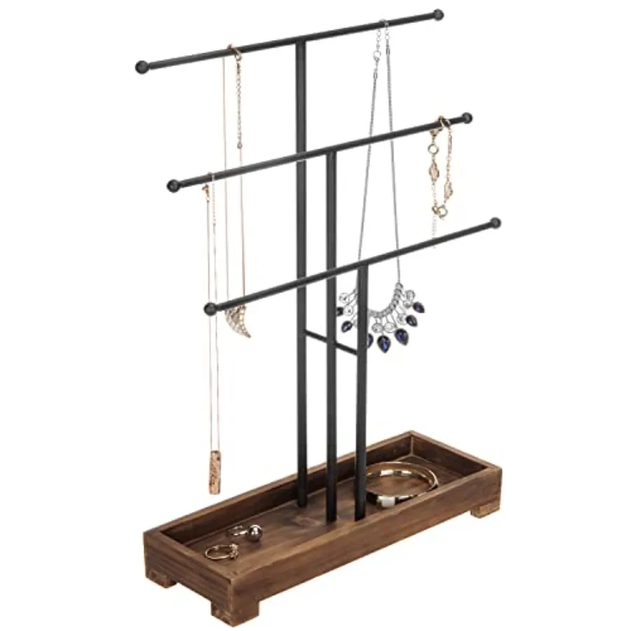 3-Tier Black Metal T-Bar Jewelry Organizer Stand Necklace and Bracelet Hanging Display with Brown Wood Ring Tray
3-Tier Black Metal T-Bar Jewelry Organizer Stand Necklace and Bracelet Hanging Display with Brown Wood Ring Tray