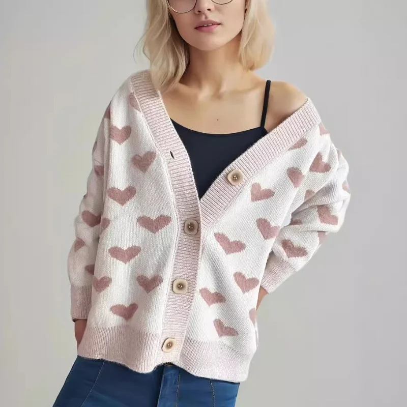 Осень-зима, новый свитер на День святого Валентина, женский модный однобортный кардиган с v-образным вырезом, свободный вязаный свитер, плотное пальто 
Осень-зима, новый свитер на День святого Валентина, женский модный однобортный кардиган с v-образным вырезом, свободный вязаный свитер, плотное пальто