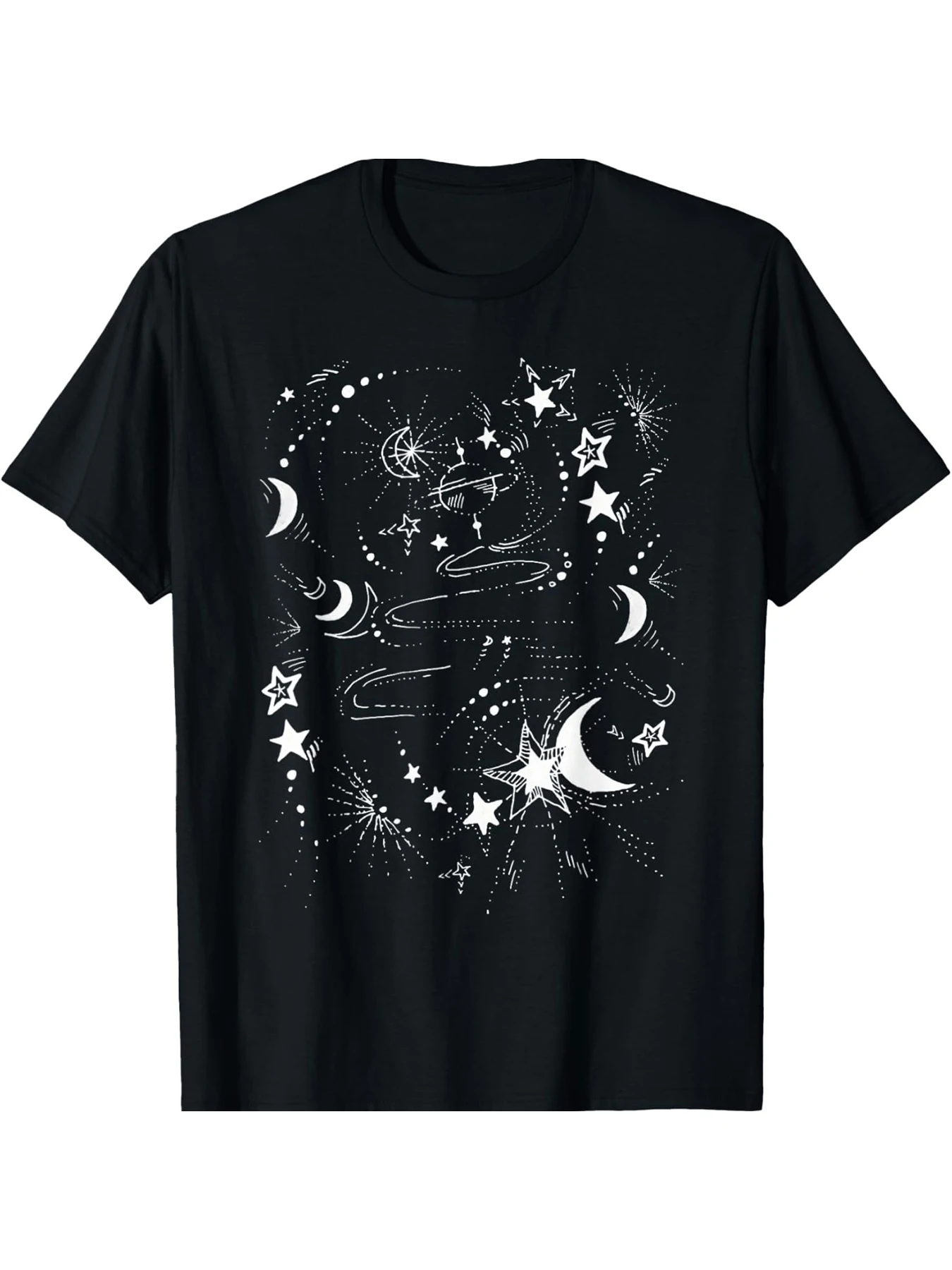 Stars Moons Dots Swirls Patterns Cosmic Design Men and women's short sleeve T-shirt black round neck
Stars Moons Dots Swirls Patterns Cosmic Design Men and women's short sleeve T-shirt black round neck