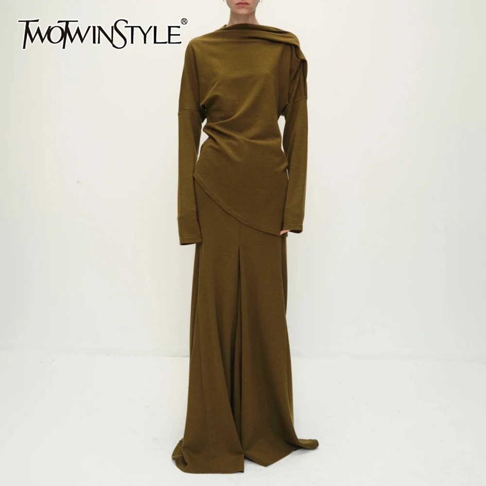 TWOTWINSTYLE Minimalist Irregular Two Piece Sets for Women Round Neck Long Sleeves Top High Waist Skirt Casual Set Female New
TWOTWINSTYLE Minimalist Irregular Two Piece Sets for Women Round Neck Long Sleeves Top High Waist Skirt Casual Set Female New
