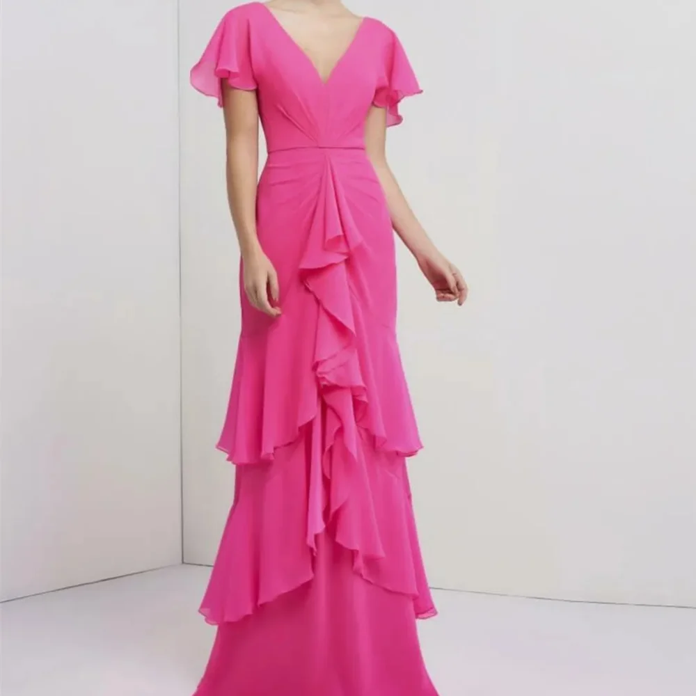 Vintage Long Pink V Neck Chiffon Evening Dresses Short Sleeves A Line Ruffled Floor Length Formal Occasion Dress
Vintage Long Pink V Neck Chiffon Evening Dresses Short Sleeves A Line Ruffled Floor Length Formal Occasion Dress