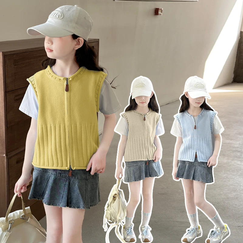 Korean Style Kids Girl Sleeveless Knit Sweater Waistcoat with Zipper Elegant Slim Fit Cardigan Outfit Child Fashion Sweater Vest
Korean Style Kids Girl Sleeveless Knit Sweater Waistcoat with Zipper Elegant Slim Fit Cardigan Outfit Child Fashion Sweater Vest
