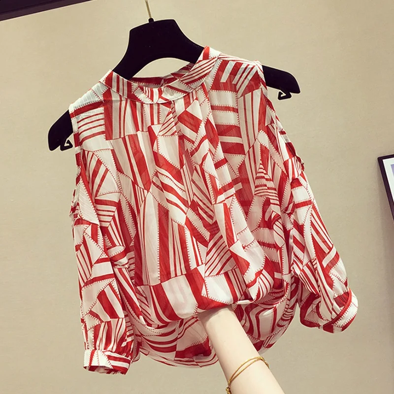 Chic Shoulder Bared Seven Sleeve Women's Chiffon Shirt Summer Fashion Belly Covering Loose Fit Korean Style Embellished Top
Chic Shoulder Bared Seven Sleeve Women's Chiffon Shirt Summer Fashion Belly Covering Loose Fit Korean Style Embellished Top