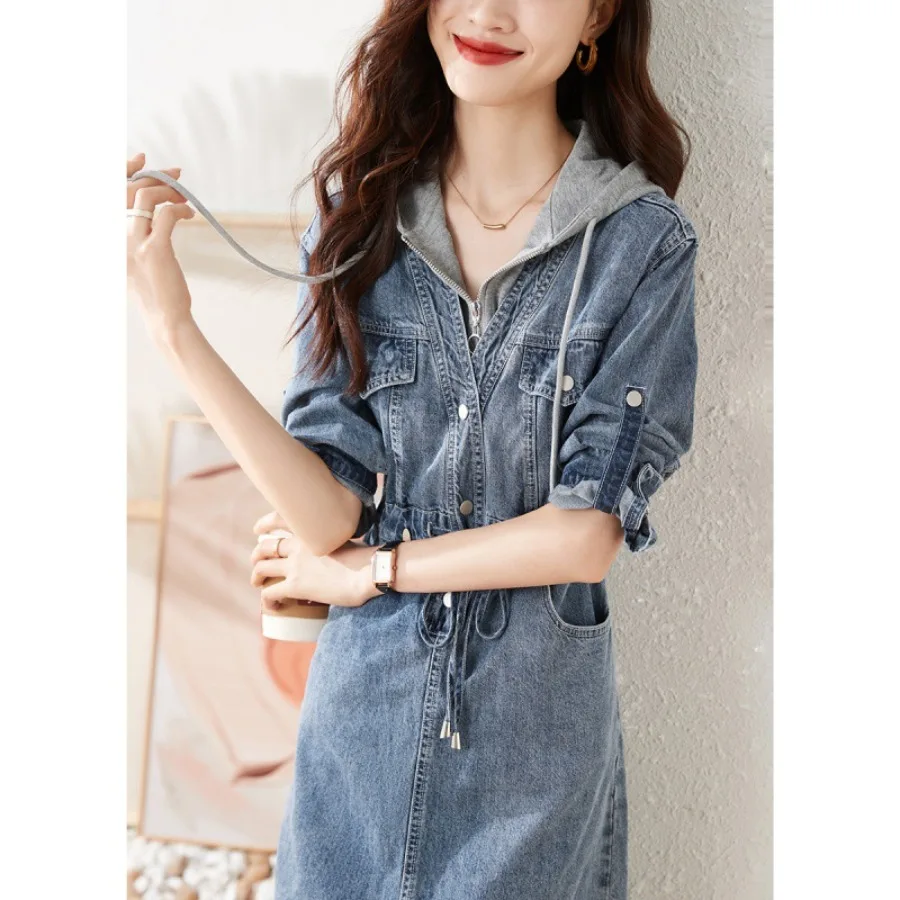 【New style】Fake two-piece sweater spliced denim dress New style fashionable western-style hooded age-reducing long dress for wo
【New style】Fake two-piece sweater spliced denim dress New style fashionable western-style hooded age-reducing long dress for wo