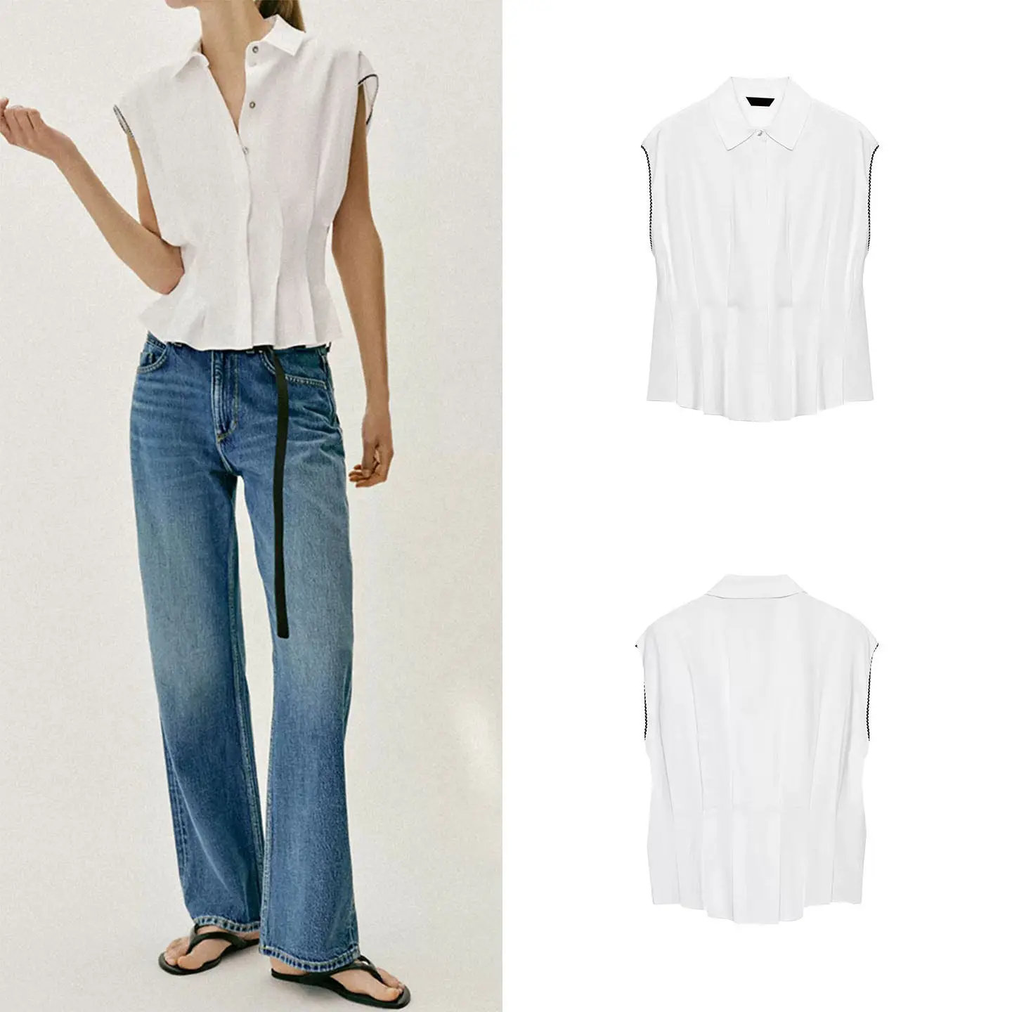 Slim Fit Women's Shirt Summer 2026 Sleeveless Pleated Turn-down Collar Fashion European Style ZADATA Brand Regular Length
Slim Fit Women's Shirt Summer 2026 Sleeveless Pleated Turn-down Collar Fashion European Style ZADATA Brand Regular Length