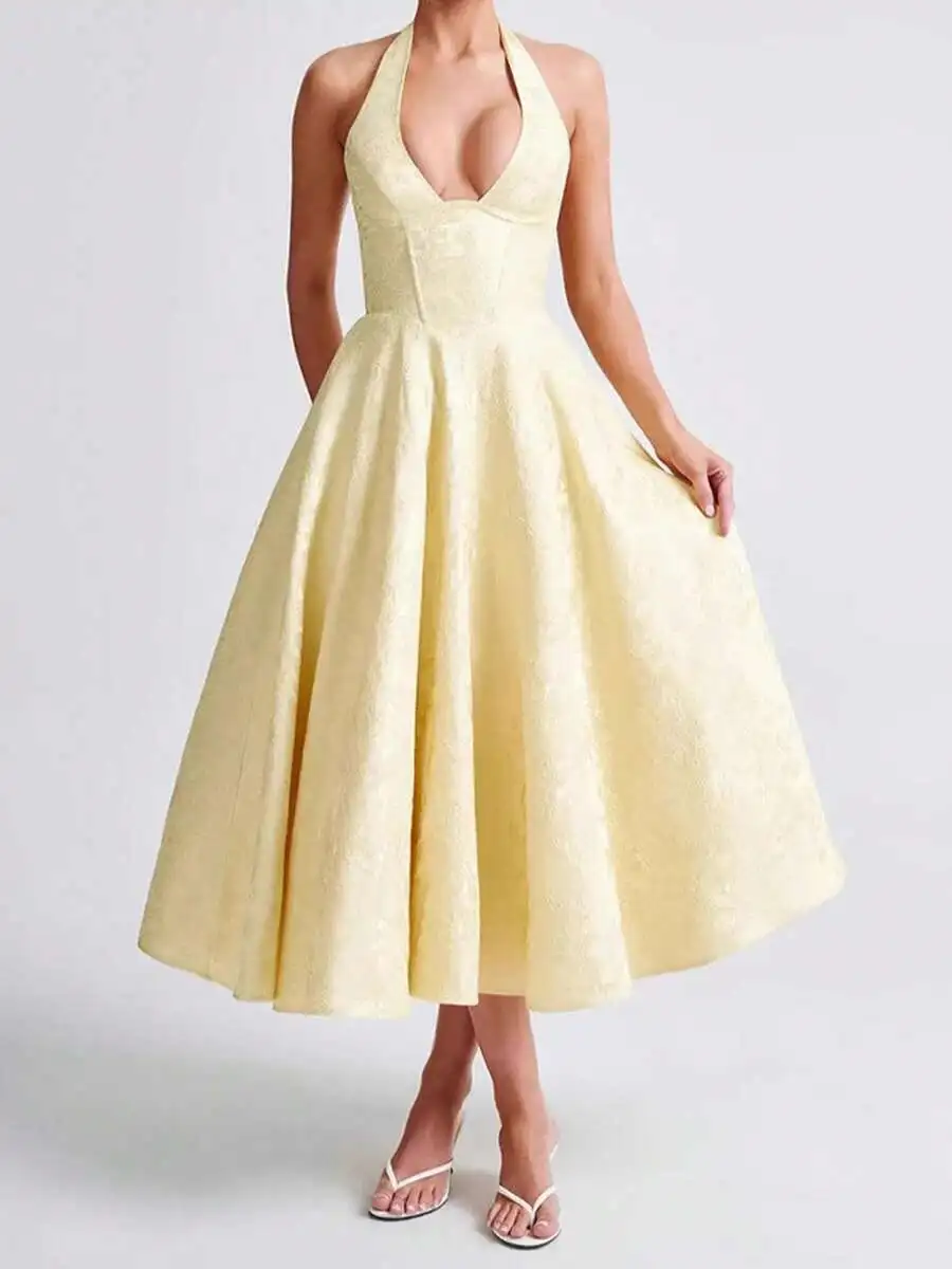 Women Jacquard Halter A-Line Tea-Length Dress For Evening Party
Women Jacquard Halter A-Line Tea-Length Dress For Evening Party