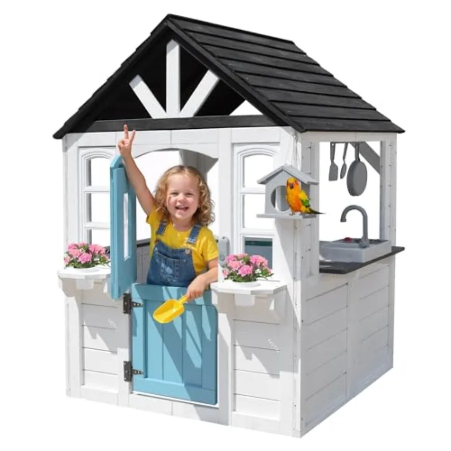 Outdoor cedar wooden playhouse for kids ages 2+, featuring Dutch door, play kitchen, interactive doorbell, birdhouse and flower
Outdoor cedar wooden playhouse for kids ages 2+, featuring Dutch door, play kitchen, interactive doorbell, birdhouse and flower