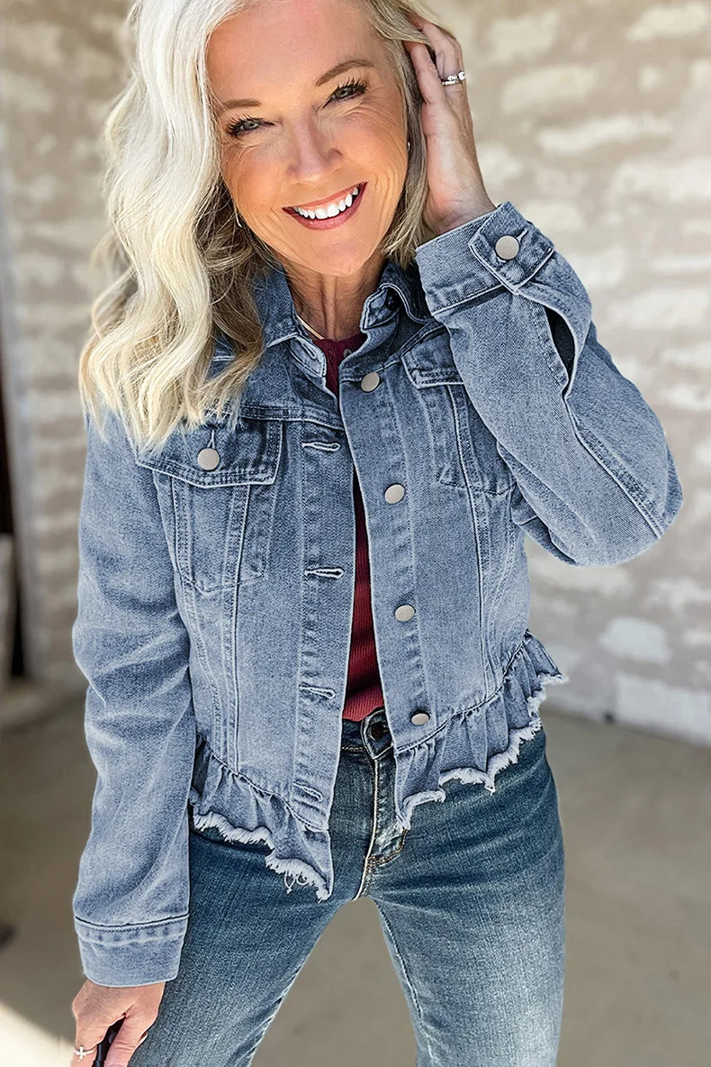Autumn New Solid Color Lapel Jacket For Women European And American Fashion All-match Ruffled Denim Jacket For Women Coat
Autumn New Solid Color Lapel Jacket For Women European And American Fashion All-match Ruffled Denim Jacket For Women Coat