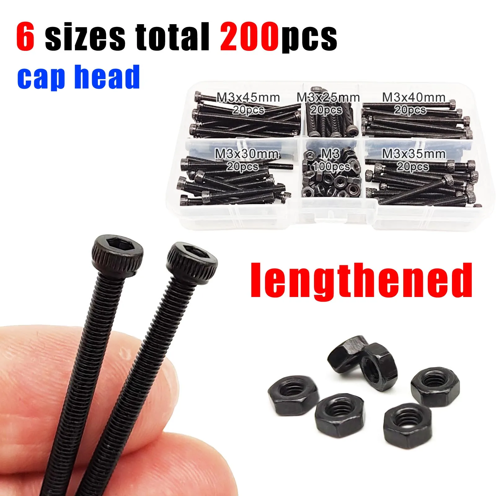 200pcs/box Long M3 Allen Hexagon Hex Socket Head Cap Button Countersunk Flat Thin Screw Bolt Nut Mix Set Kit Black Alloy Steel
200pcs/box Long M3 Allen Hexagon Hex Socket Head Cap Button Countersunk Flat Thin Screw Bolt Nut Mix Set Kit Black Alloy Steel