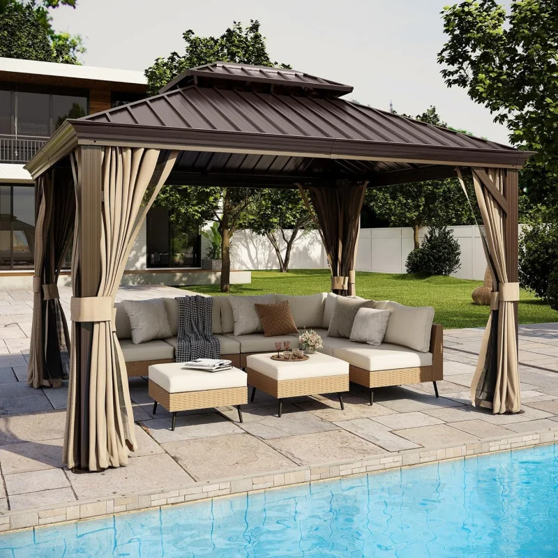 10'x12' Hardtop Gazebo with Mosquito Nettings & Shaded Curtains,Waterproof Permanent Heavy Duty Double Hard Roofs,Brown Aluminum
10'x12' Hardtop Gazebo with Mosquito Nettings & Shaded Curtains,Waterproof Permanent Heavy Duty Double Hard Roofs,Brown Aluminum