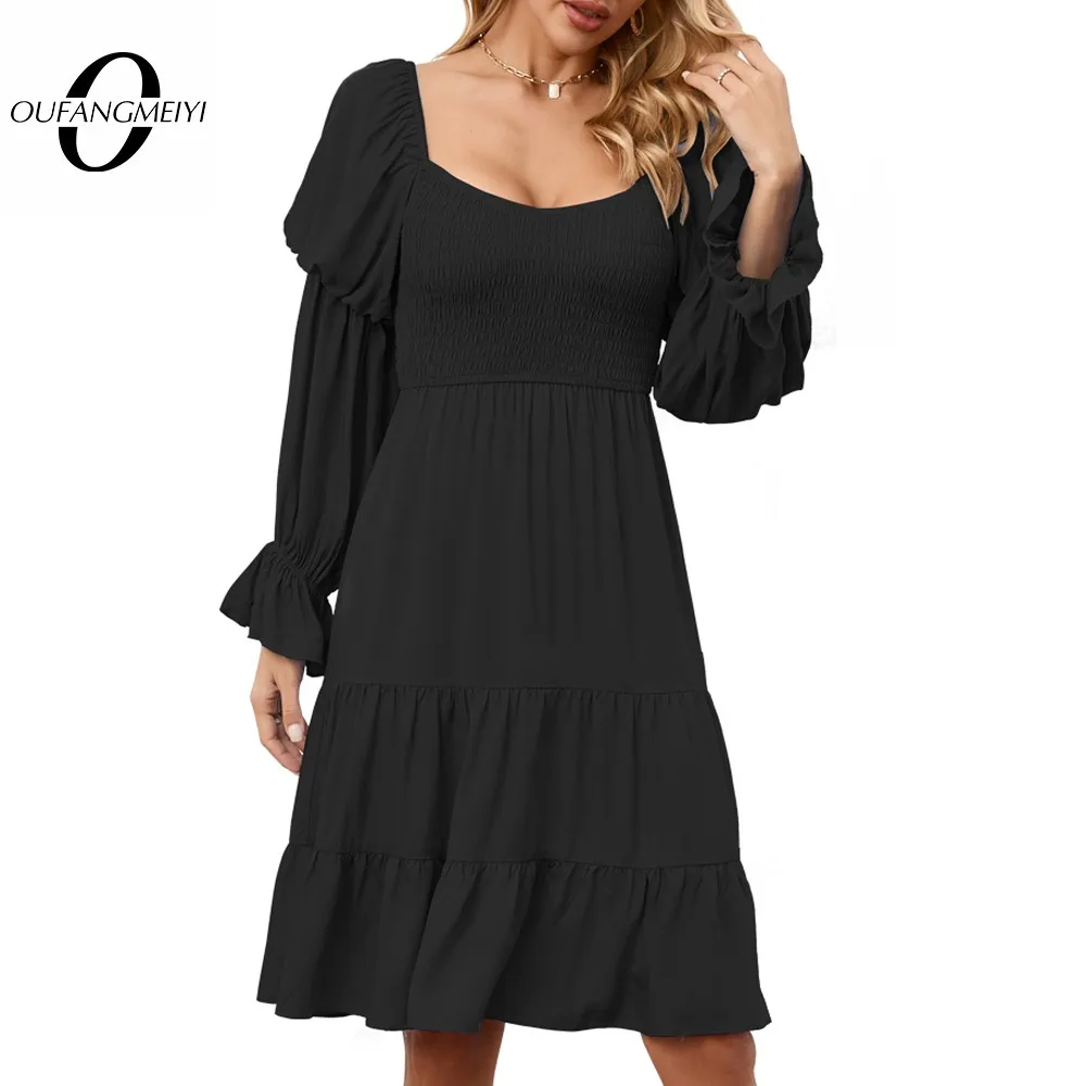 Autumn Women Fashion Tierred Solid Black with Lattern Sleeve Dresses Casual Flare Day Dress EA354
Autumn Women Fashion Tierred Solid Black with Lattern Sleeve Dresses Casual Flare Day Dress EA354