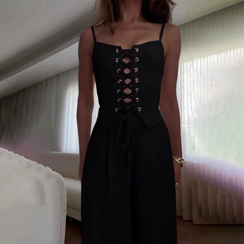 Trendy Solid Color Slim Commute Outfits Elegant Lady Sleeveless High Waist Set Sexy Hollow Out Bandage Vest&Wide Leg Pants Suits
Trendy Solid Color Slim Commute Outfits Elegant Lady Sleeveless High Waist Set Sexy Hollow Out Bandage Vest&Wide Leg Pants Suits
