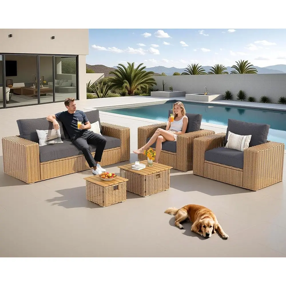 6-Piece Outdoor Sofa Set with Convertible Coffee Table, UV-Resistant PE Rattan, Waterproof Grey Cushions, Durable Wicker for Pat
6-Piece Outdoor Sofa Set with Convertible Coffee Table, UV-Resistant PE Rattan, Waterproof Grey Cushions, Durable Wicker for Pat