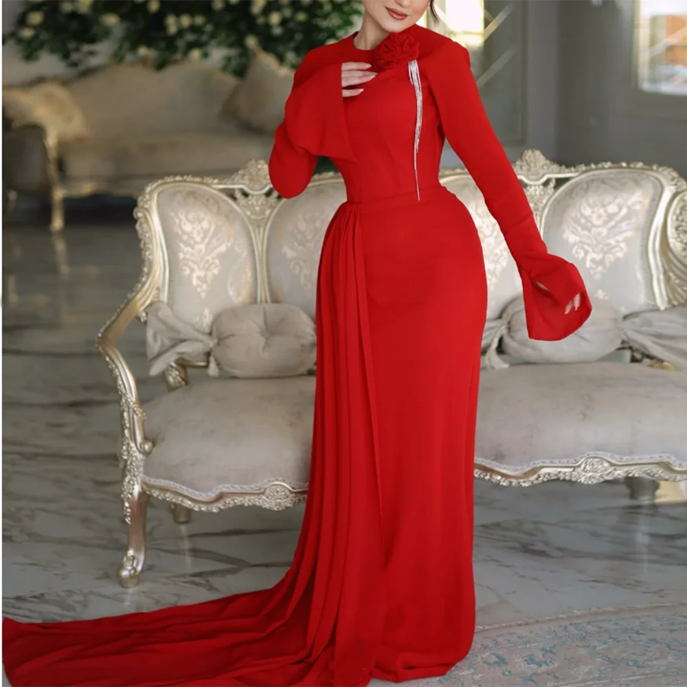 Customized Red Mermaid Prom Dresses Floor-length O-Neck Full Sleeve Evening Gown Simple Draped Fashion Flowers Tassel Party Gown
Customized Red Mermaid Prom Dresses Floor-length O-Neck Full Sleeve Evening Gown Simple Draped Fashion Flowers Tassel Party Gown