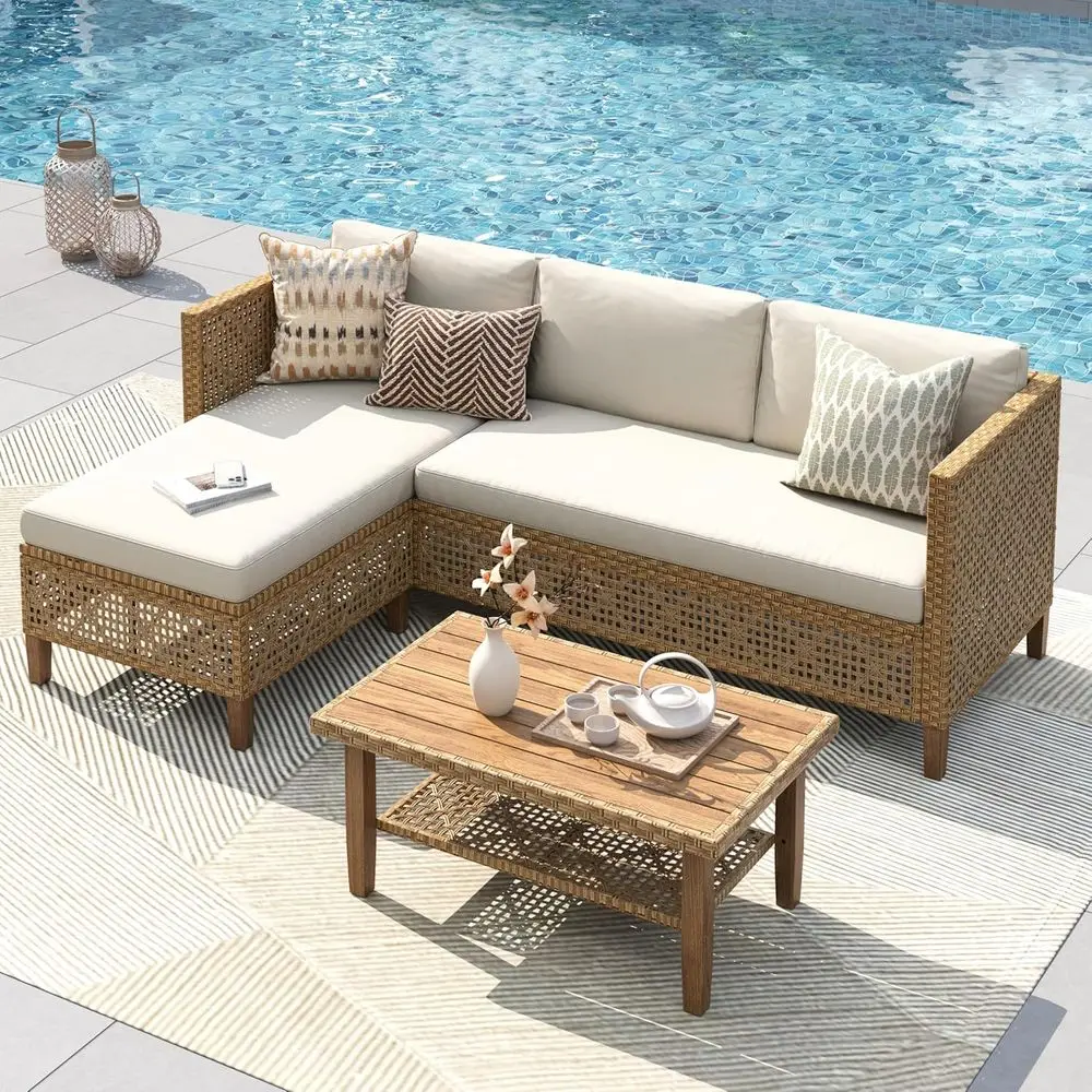 Beige 4-Seat L-Shape Outdoor Corner Sofa Set with Wicker Furniture and Acacia Wood Coffee Table for Deck or Porch
Beige 4-Seat L-Shape Outdoor Corner Sofa Set with Wicker Furniture and Acacia Wood Coffee Table for Deck or Porch