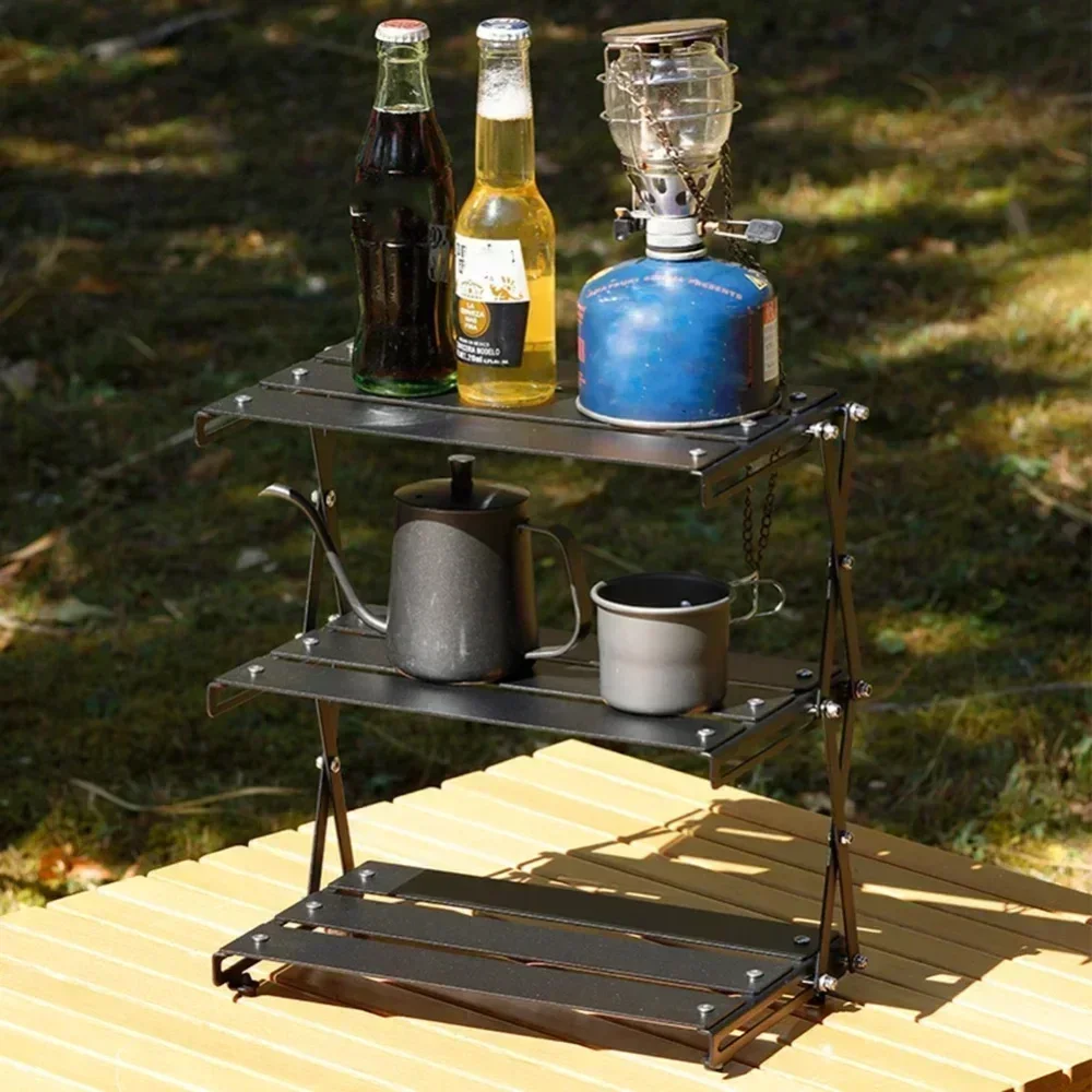 y Caping Desktop Folding Rack Camping 3-layer solid wood frame Foldable Portable Multifunctional Multi-Layer Camping Rack