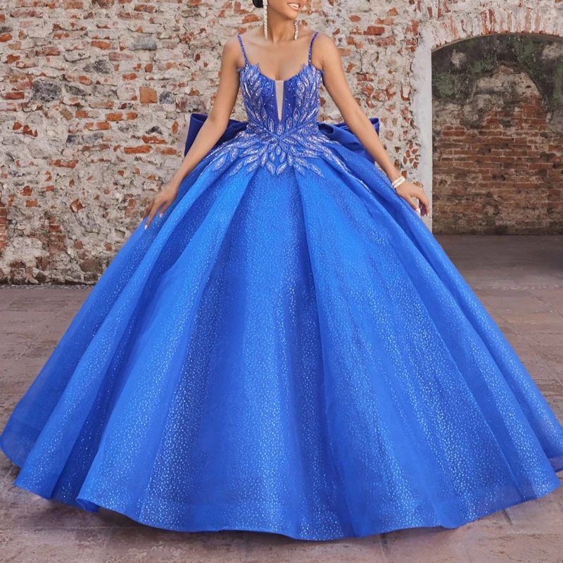 Royal Blue Shiny Quinceanera Dresses Ball Gown Spaghetti Strap Lace Beading Crystal Bow Tull Sweet 16 Dress Vestidos 15 De Anos
Royal Blue Shiny Quinceanera Dresses Ball Gown Spaghetti Strap Lace Beading Crystal Bow Tull Sweet 16 Dress Vestidos 15 De Anos