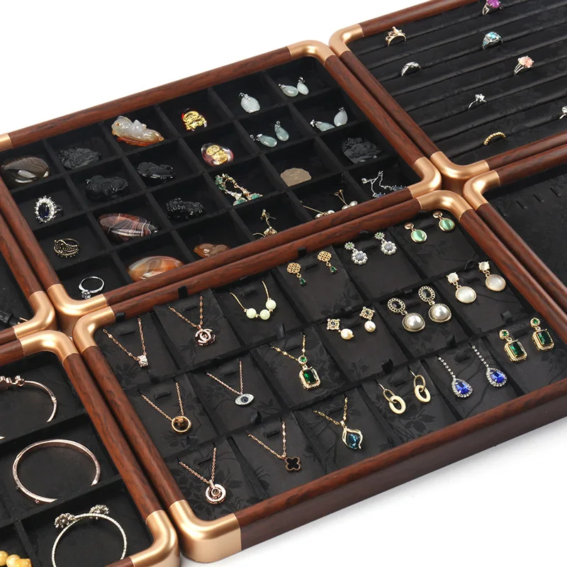 Luxury Walnut Wood Tone Jewelry Display Tray with Gold Trim, Velvet Lined Ring Earrings Necklace Organizer
Luxury Walnut Wood Tone Jewelry Display Tray with Gold Trim, Velvet Lined Ring Earrings Necklace Organizer
