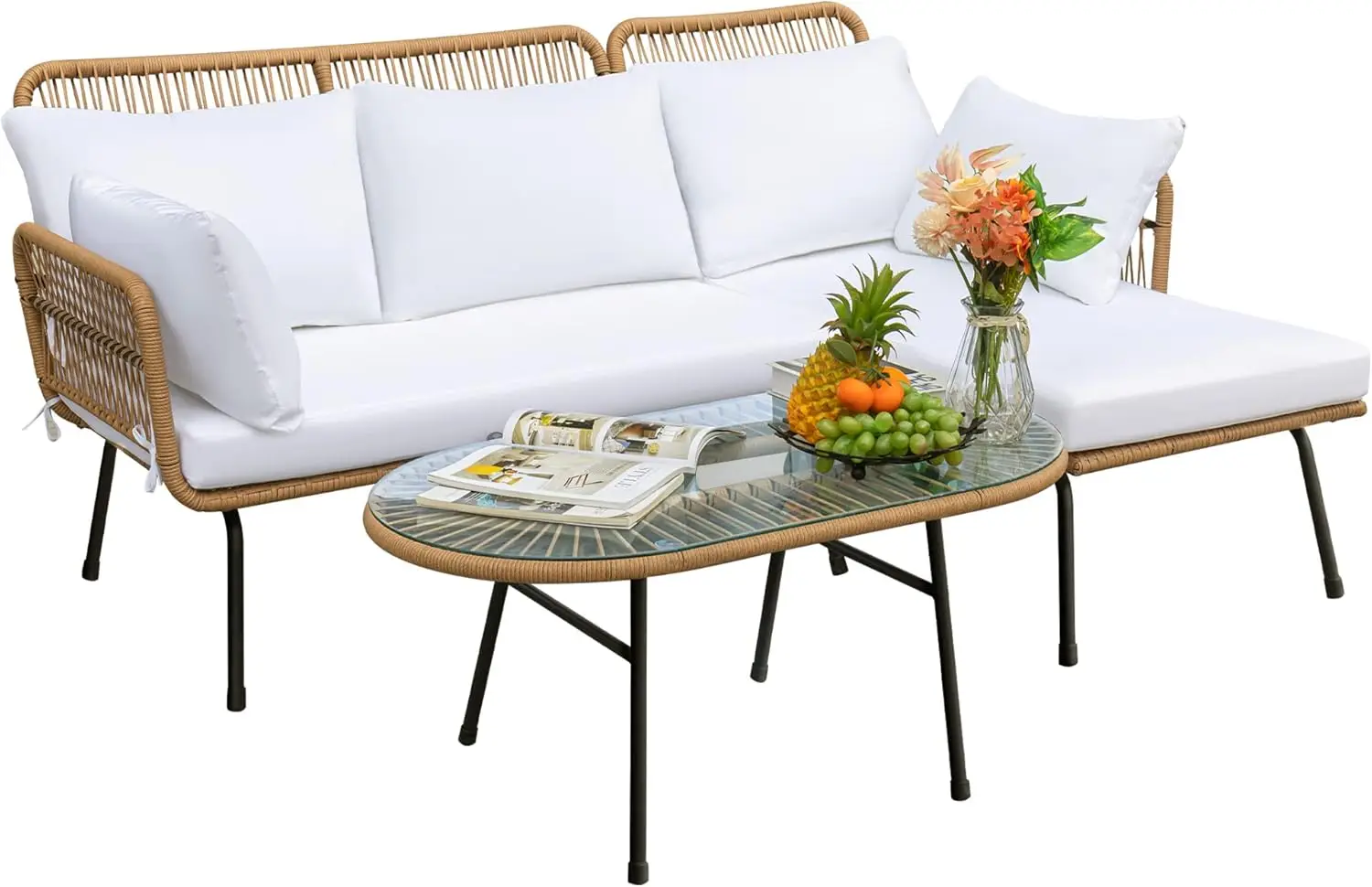 Outdoor Rope Woven L-Shaped Sectional Sofa Set with Table & Thick Cushions (White)
Outdoor Rope Woven L-Shaped Sectional Sofa Set with Table & Thick Cushions (White)
