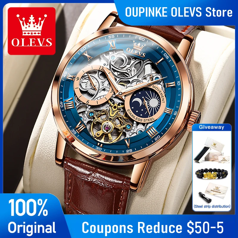 OLEVS 6670 Mens Watch Skeleton Flywheel Mechanical Watch Leather Strap Moon Phase Watches For Man Gifts Luxury Original Reloj
OLEVS 6670 Mens Watch Skeleton Flywheel Mechanical Watch Leather Strap Moon Phase Watches For Man Gifts Luxury Original Reloj