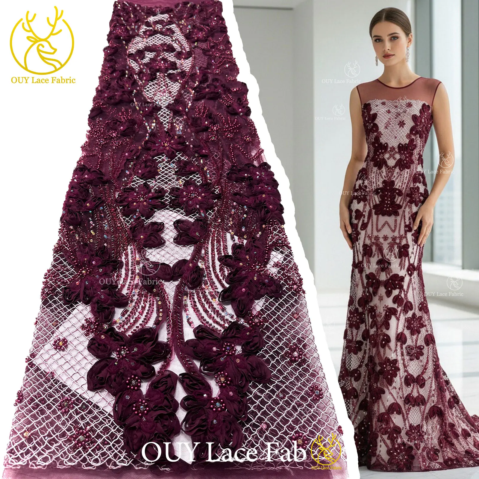 3D Wine Red Fashion African Beaded Lace Fabric 5 Yards Luxury French Nigerian Sequins Lace For Women Party Evening Dress Sewing
3D Wine Red Fashion African Beaded Lace Fabric 5 Yards Luxury French Nigerian Sequins Lace For Women Party Evening Dress Sewing