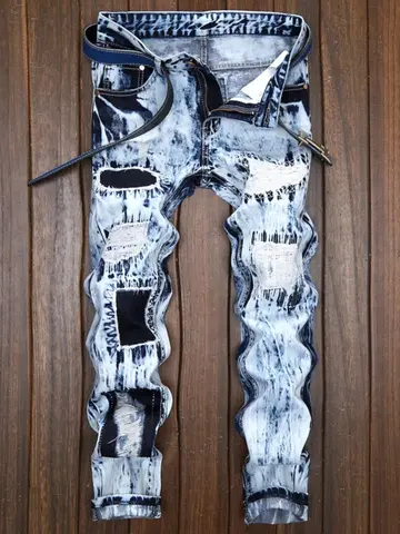 Light Jeans Men's Embroidered Ripped Patch Color Matching Hipster Straight Leg Jeans