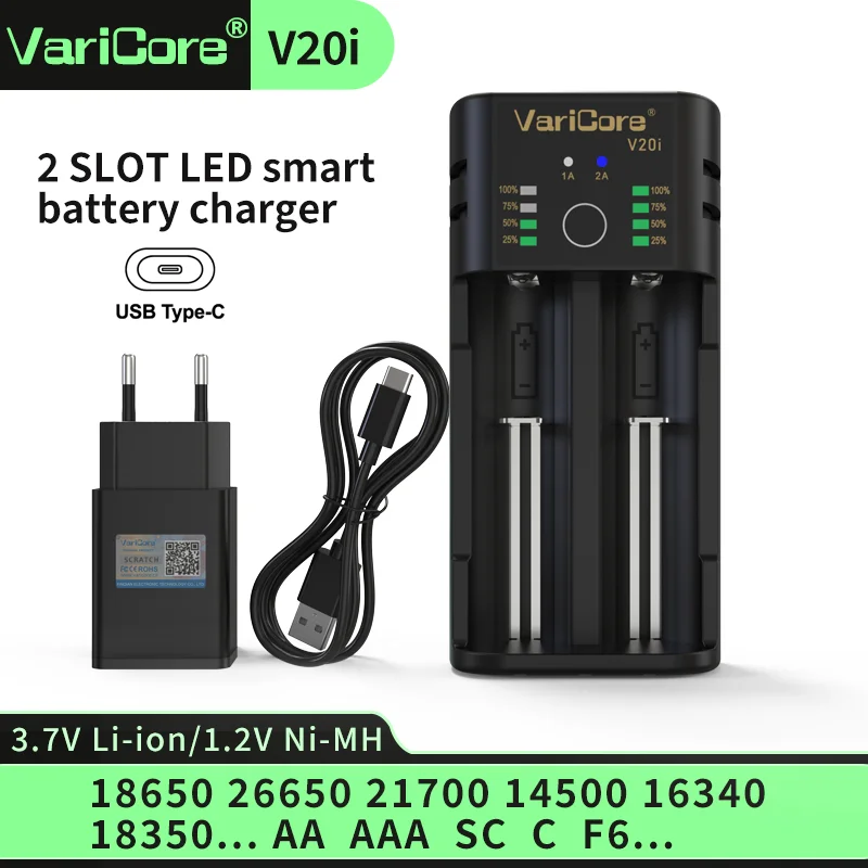 Varicore 18650 Battery Charger V20i for NiMH Li-ion 3.7V 1.2V 18350 21700 26650 26700 14500 AA AAA
Varicore 18650 Battery Charger V20i for NiMH Li-ion 3.7V 1.2V 18350 21700 26650 26700 14500 AA AAA