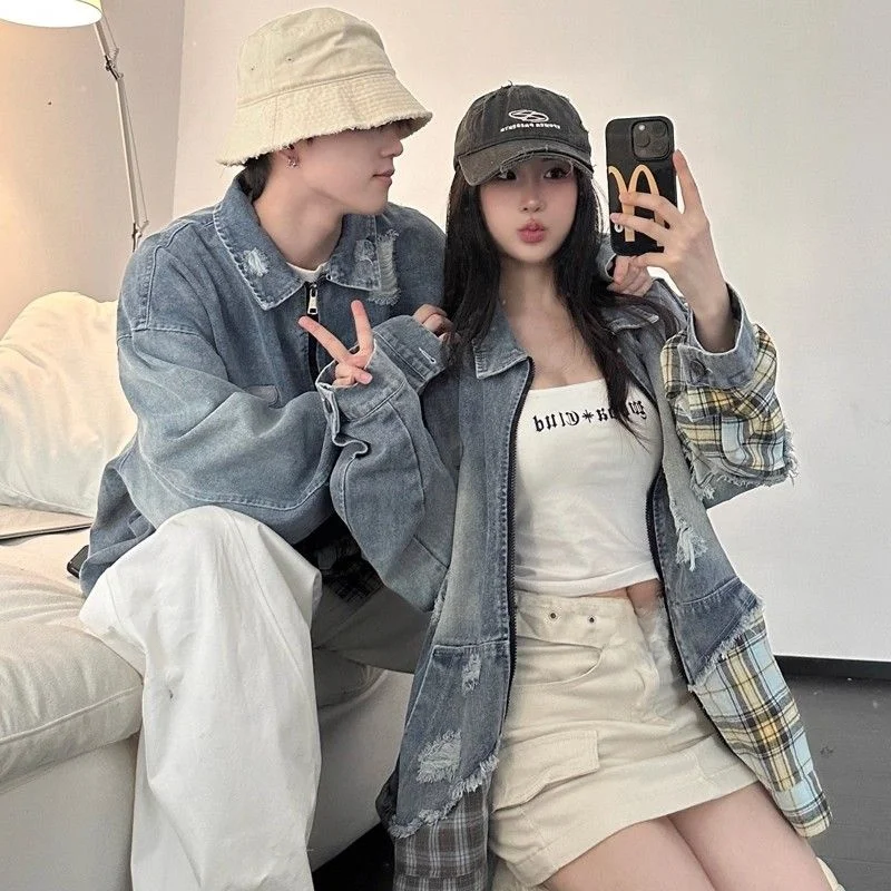 Couples Denim Jaet Spring Autumn Plaid Splicing Design Sensation American Trend Loose Fit Long Sve Zipper ket Casual
Couples Denim Jaet Spring Autumn Plaid Splicing Design Sensation American Trend Loose Fit Long Sve Zipper ket Casual