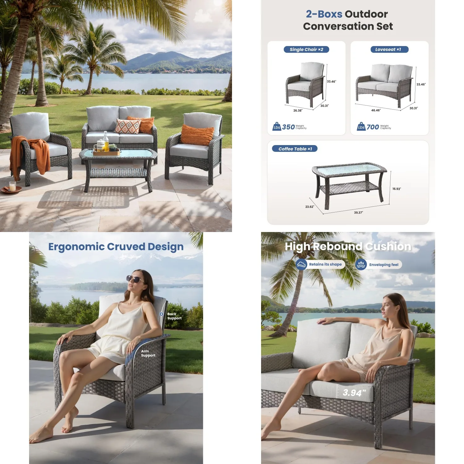 4-Piece Patio Furniture Set Rattan Sofa Couch Coffee Table Thickened Cushions Deck Yard Poolside Grey Customized
4-Piece Patio Furniture Set Rattan Sofa Couch Coffee Table Thickened Cushions Deck Yard Poolside Grey Customized