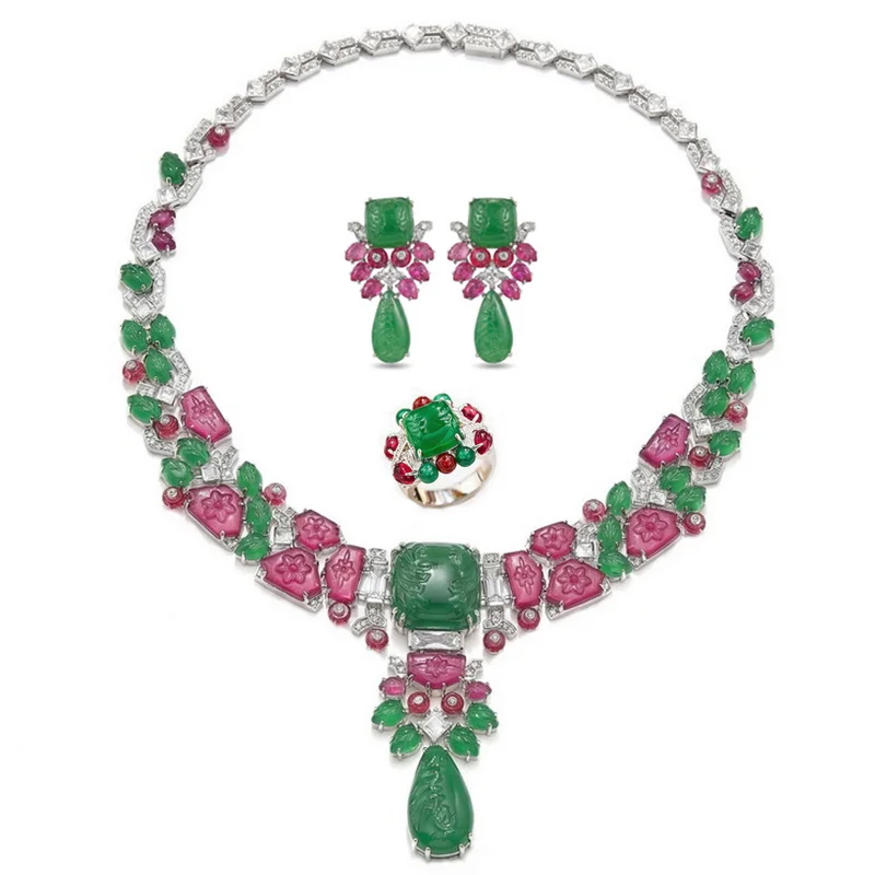 Designer Fashion Style Necklace Earrings Women Lady Inlay Cubic Zircon Synthetic Red Green Gemstone High-end Jewelry Sets
Designer Fashion Style Necklace Earrings Women Lady Inlay Cubic Zircon Synthetic Red Green Gemstone High-end Jewelry Sets