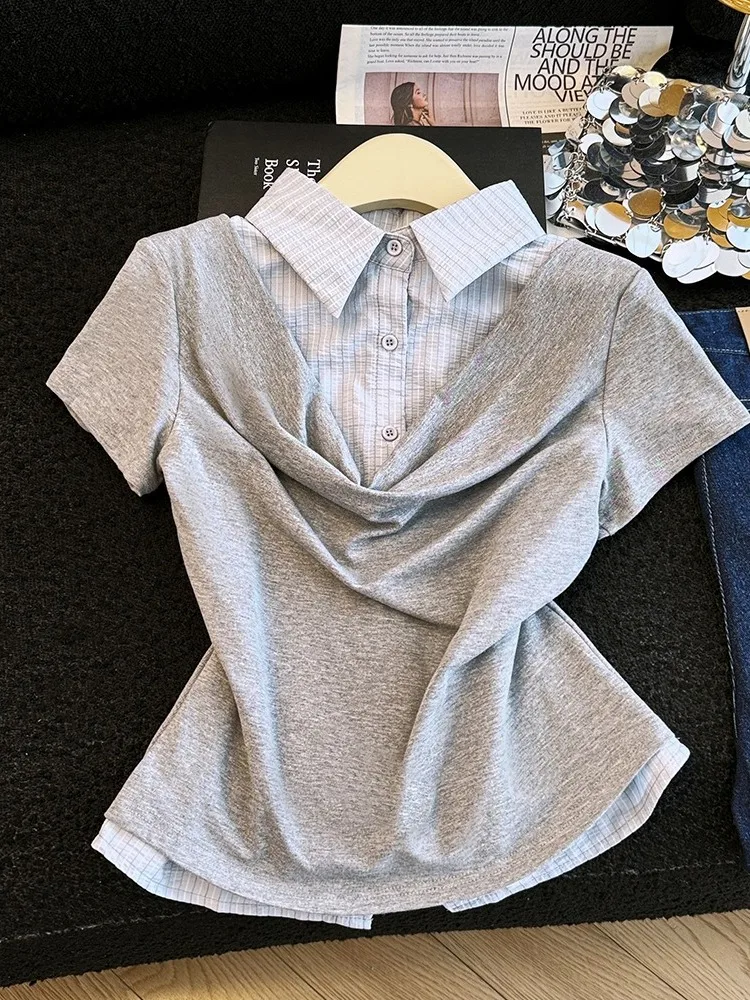 Slim Fit Neck Shirt Women Summer Short Sleeve Waist Cinched High Intelligence Sensation College Style Fake Two-Piece Top
Slim Fit Neck Shirt Women Summer Short Sleeve Waist Cinched High Intelligence Sensation College Style Fake Two-Piece Top