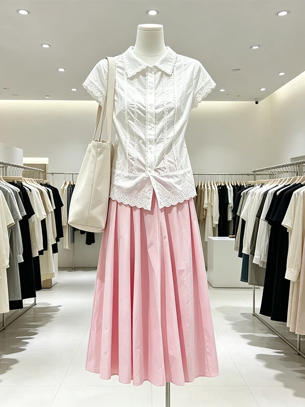Elegant plus Size Women's Summer Shirt And A-Line Skirt Set High Waist Korean Style Casual Lace Splice Short Sleeve Long Dress
Elegant plus Size Women's Summer Shirt And A-Line Skirt Set High Waist Korean Style Casual Lace Splice Short Sleeve Long Dress
