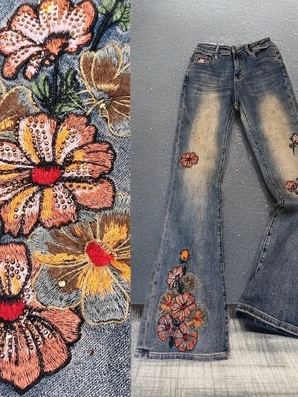 Trendy Women's Jeans High Waist Flared Pants Embroidered Rhinestone Slimming Long Trousers Casual Sle Multiple kets
Trendy Women's Jeans High Waist Flared Pants Embroidered Rhinestone Slimming Long Trousers Casual Sle Multiple kets