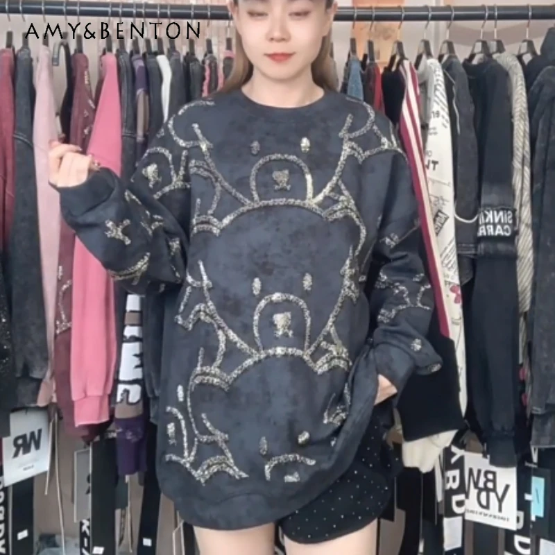Autumn New Heavy Industry Full Diamond Cartoon Jacket Coat Average Size O-Neck Hoodies Fashion Loose Sweatshirt Top For Ladies
Autumn New Heavy Industry Full Diamond Cartoon Jacket Coat Average Size O-Neck Hoodies Fashion Loose Sweatshirt Top For Ladies