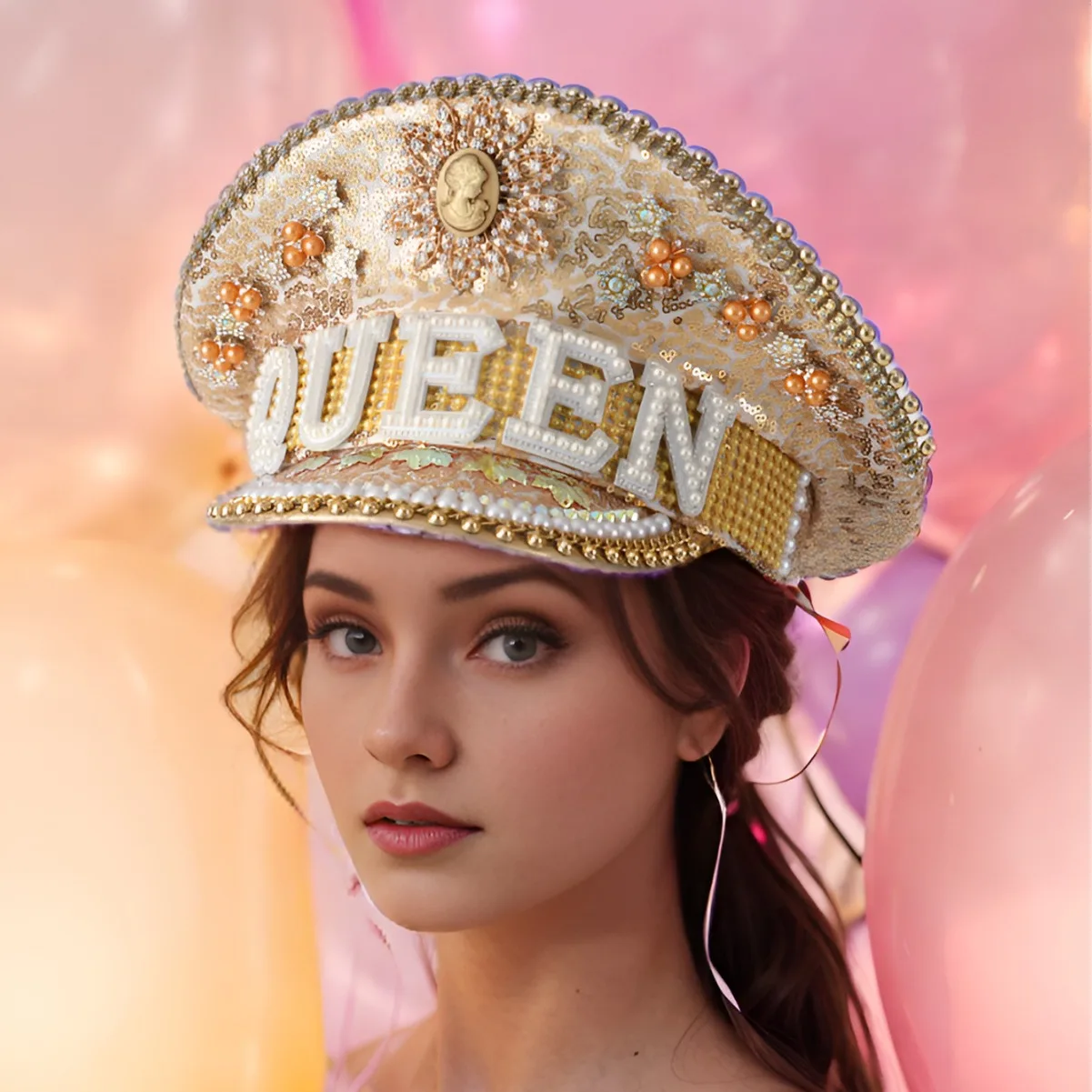 QUEEN Women's Stage Hat Trendy Metal Rivets Printed Gemstones Pearl Letter Designs Performance Party Cap Luxury
QUEEN Women's Stage Hat Trendy Metal Rivets Printed Gemstones Pearl Letter Designs Performance Party Cap Luxury