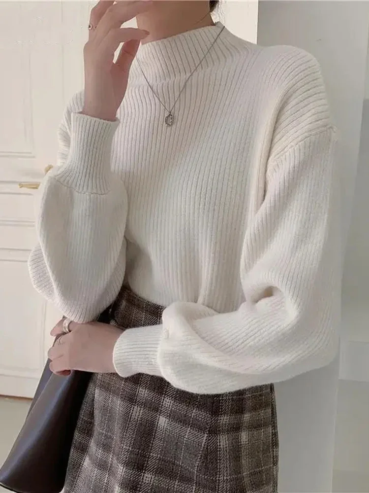 Fashion Solid Color Versatile Half High Neck Women Sweater Korean Version Casual Lantern Sleeve Female Slim Fit Knitted Sweater
Fashion Solid Color Versatile Half High Neck Women Sweater Korean Version Casual Lantern Sleeve Female Slim Fit Knitted Sweater