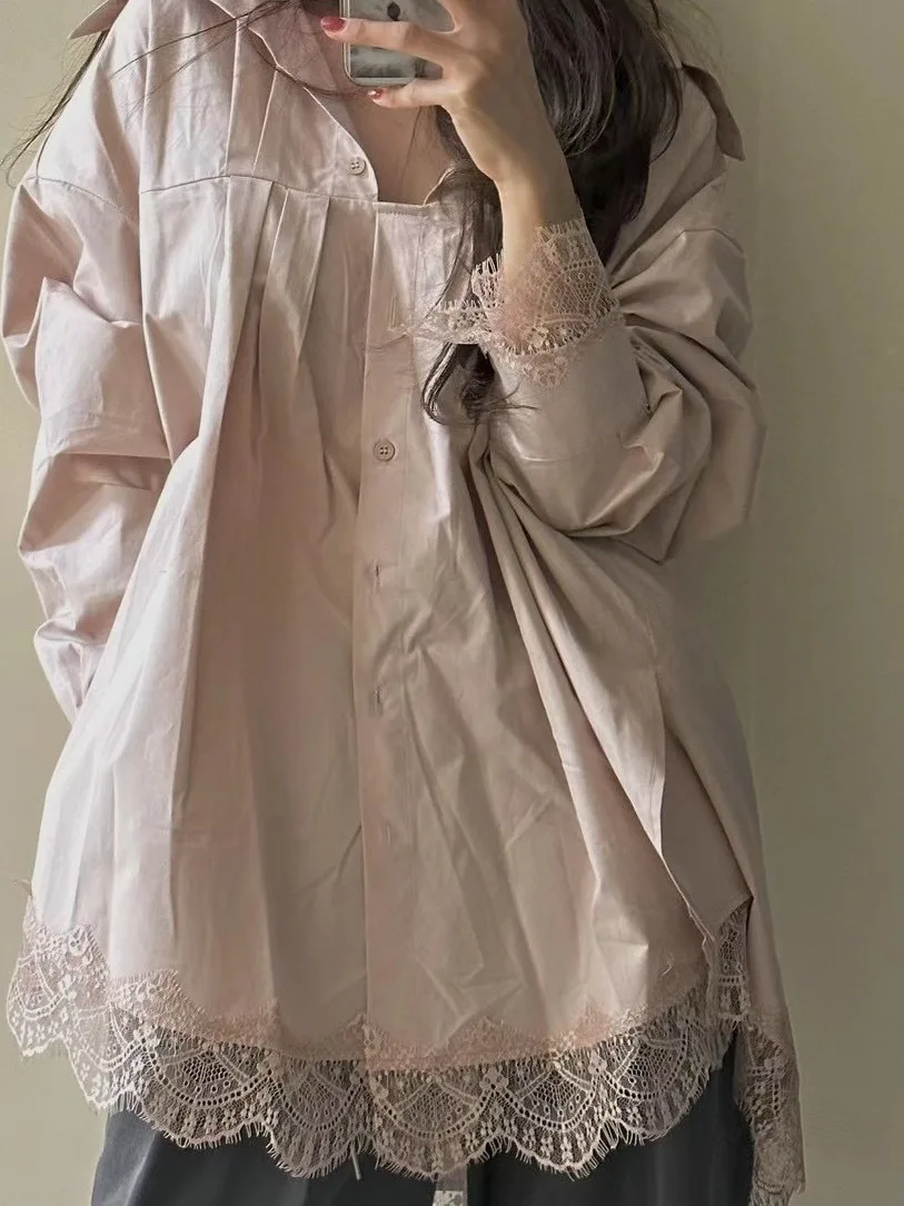 Chic Lace Trim Button up irt Women's Faionable Anti-Aging Loose irt Sweet Collar French Sle Polyester Fiber Long Sve
Chic Lace Trim Button up irt Women's Faionable Anti-Aging Loose irt Sweet Collar French Sle Polyester Fiber Long Sve