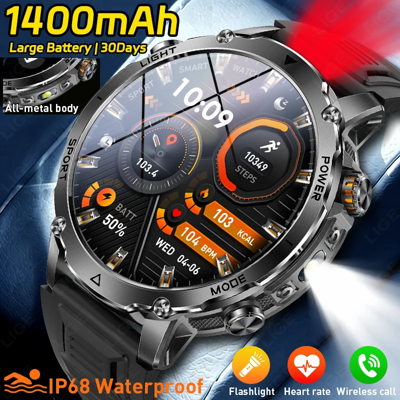 LIGE 2026 Rugged Outdoor Smart Watch 1400mAh 1.7" HD Screen Bluetooth Call IP68 Waterproof Flashlight SOS Fitness Watch For Men
LIGE 2026 Rugged Outdoor Smart Watch 1400mAh 1.7" HD Screen Bluetooth Call IP68 Waterproof Flashlight SOS Fitness Watch For Men