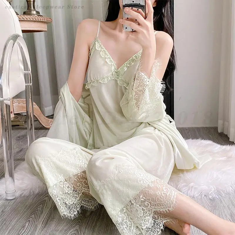 Velour 3PCS Pajamas Set Women Sexy Lace Sleepwear Robe Strap Top&Trouser Suit Velvet Pijamas Suit Female Bathrobe Kimono Gown
Velour 3PCS Pajamas Set Women Sexy Lace Sleepwear Robe Strap Top&Trouser Suit Velvet Pijamas Suit Female Bathrobe Kimono Gown